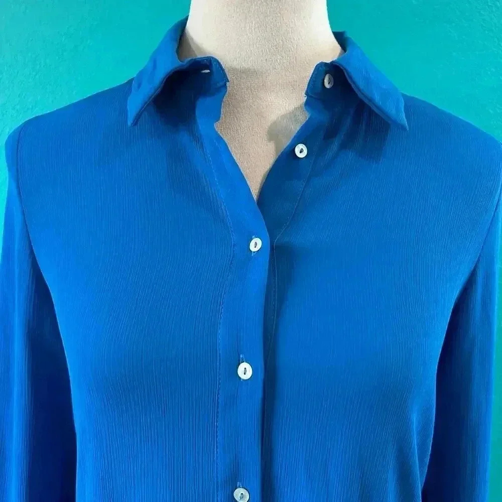 NWT Zara Basic Blue Mesh Ruffled Long Sleeve Button-Down Shirt Size XS - Picture 3 of 6
